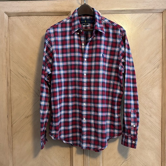 Ralph Lauren Mens Long Sleeve Button Down Flannel - L - Red Striped - Picture 1 of 3